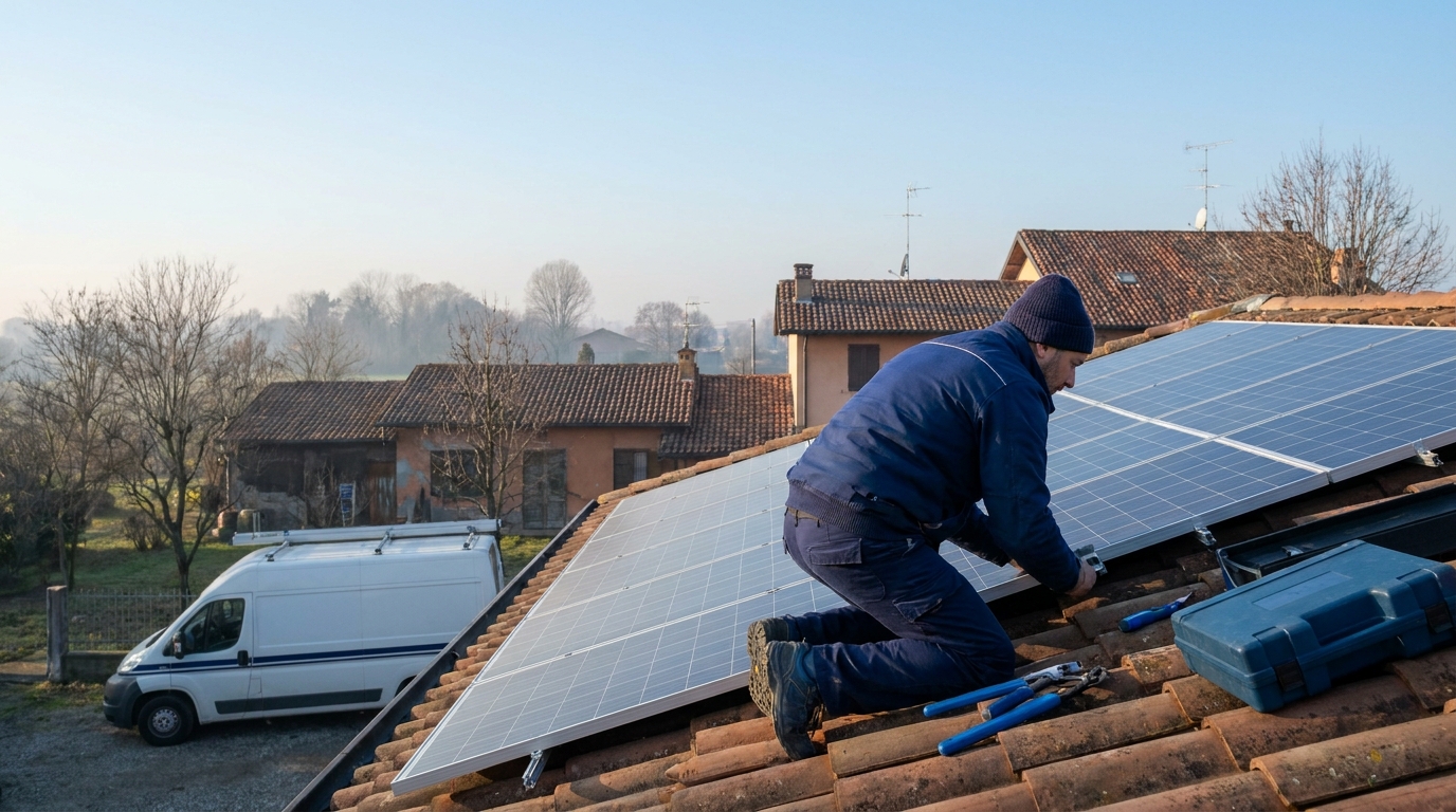 Fotovoltaico in inverno: produce energia tutto l'anno 1 Impianto fotovoltaico su tetto durante una giornata invernale soleggiata