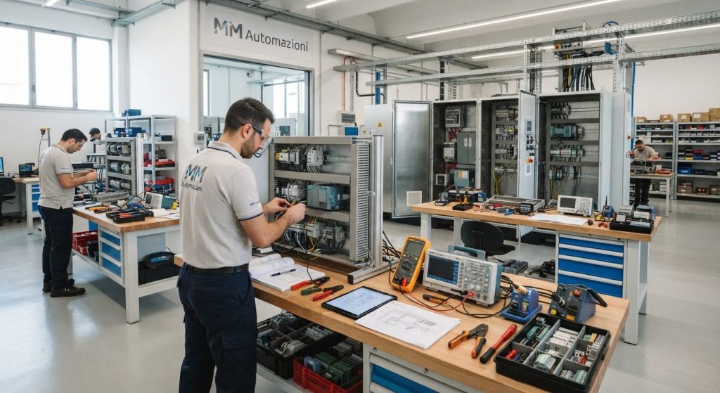 Chi siamo 1 Tecnici di MM Automazioni al lavoro sui quadri elettrici nel laboratorio di Cavour