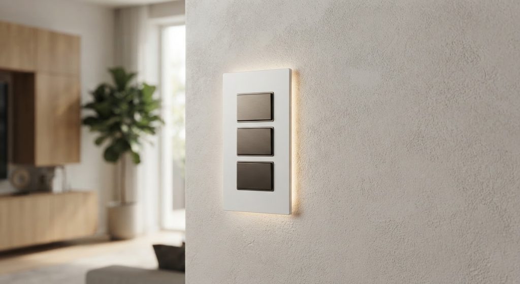 Placche di interruttori di design installate in un soggiorno moderno